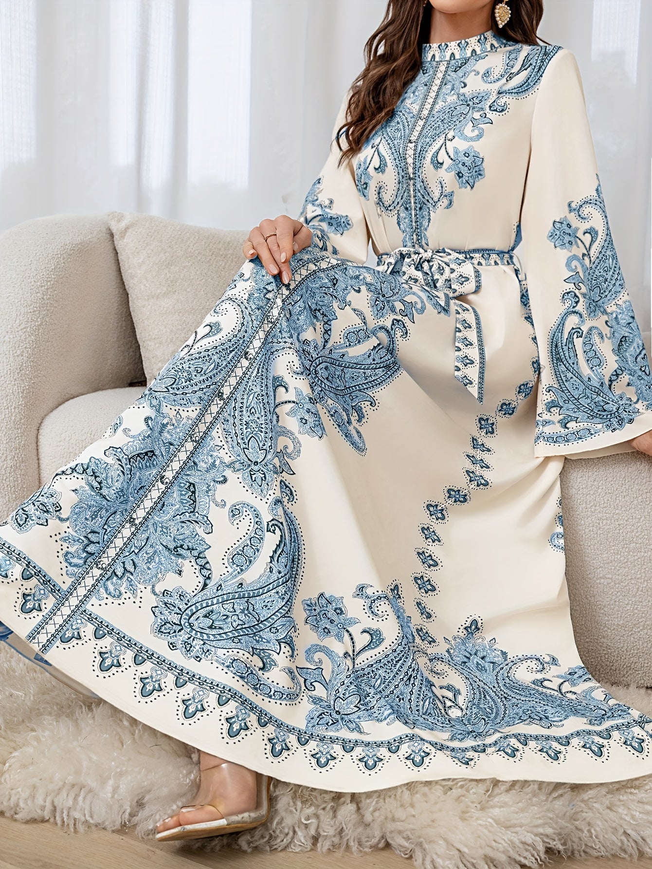 Elegant Floral Print Long Dress with Tie-Waist & Lantern Sleeves - Creamy Beige, Crew Neck, Flowing Maxi Length, Perfect for Spring/Summer/Fall, Women’s Fashion, Cute Dresses
