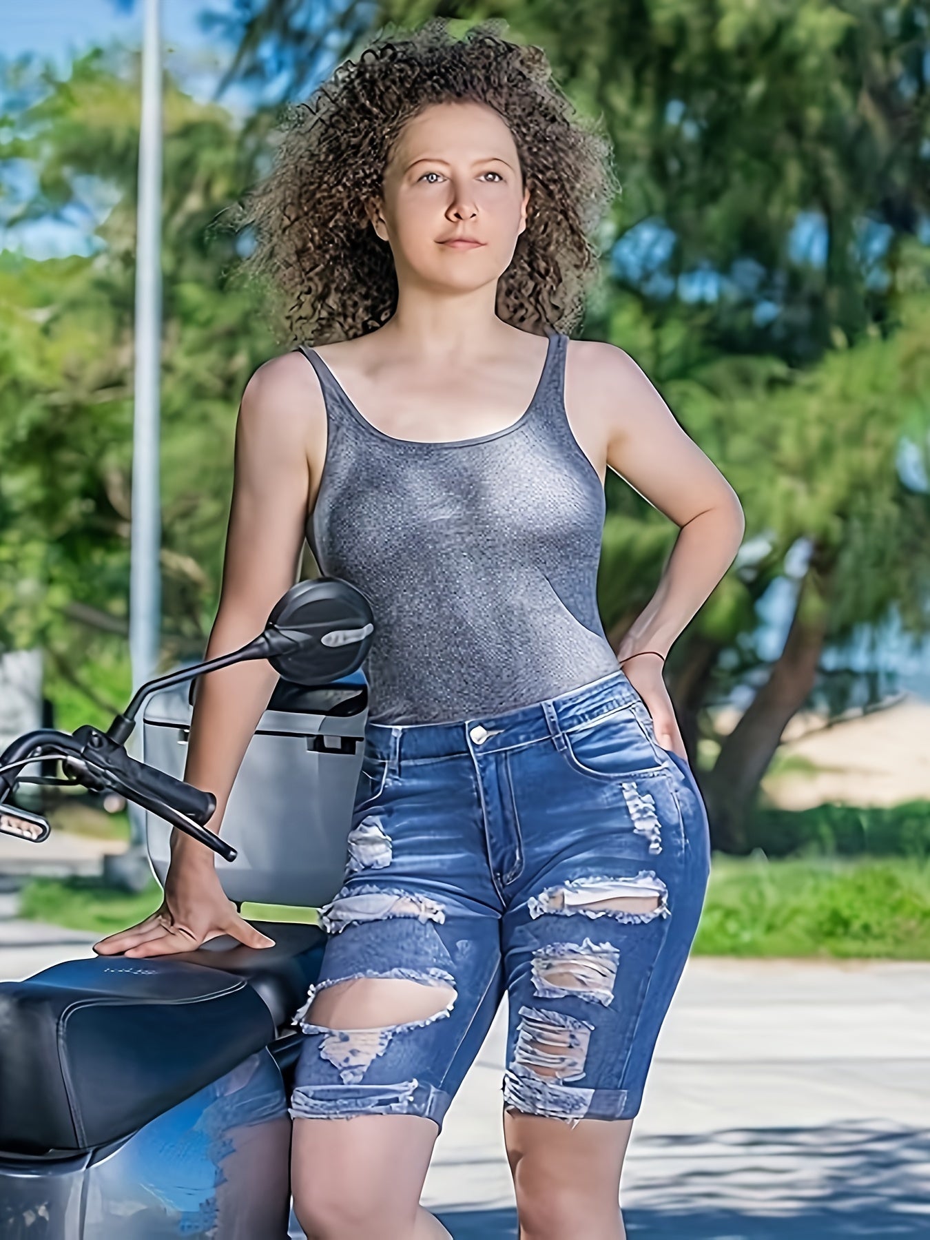 Ripped Cuffed Hem Bermuda Denim Shorts, Distressed Washed Blue Denim Shorts, Women's Denim Jeans & Clothing