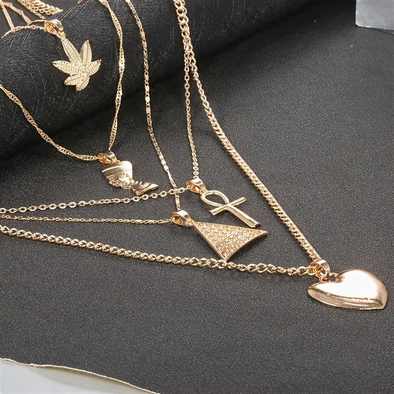 A Set Bohemian Style Multi-layered Necklace Collarbone Chain, Featuring Maple Leaves, Egyptian Pharaohs, Pyramids, And Heart-shaped Pendants - Suitable for Women's Daily Party Fashion Jewelry, Holiday Gifts
