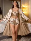3pcs Autumn and Winter Simulation Pull-up Color Elegant Long Sleeve Long Dress + Sexy Strap Top and Shorts Set
