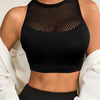 Mesh Contrast Racer Back Hollow Out Crop Top, Casual Crew Neck Sleeveless Cropped Tank Top, Women's Lingerie & Underwear