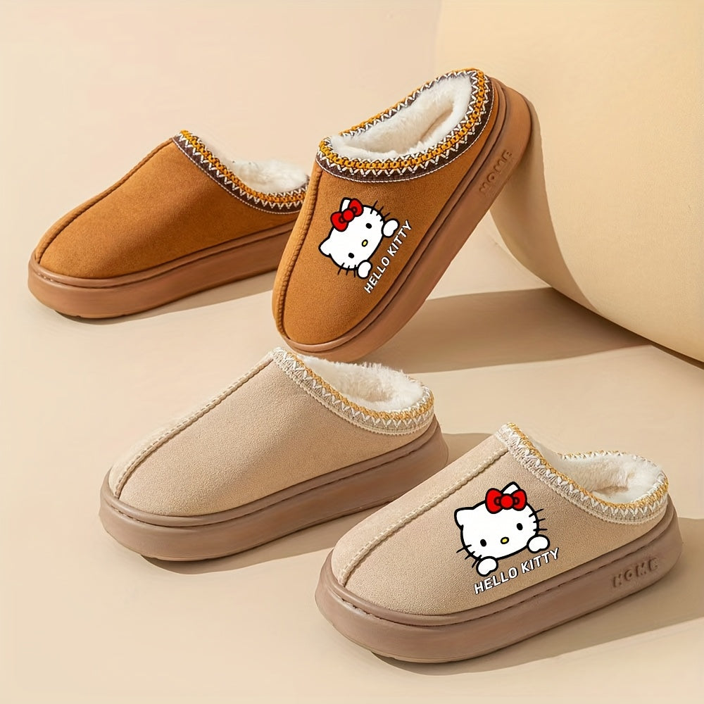 Sanrio Hello Kitty Plush Lined Slippers for Women - Cozy Thermal Winter Home Shoes with Thick Non-Slip EVA Sole, Brown Cover Upper with Decorative Stitching, Hand Wash or Dry Clean, House Slippers