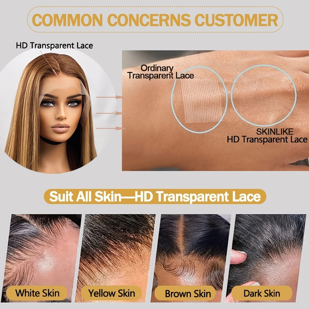 13x4 Honey Blonde Straight Lace Front Wigs Human Hair Highlight Ombre 200% Density Pre Plucked Pre Cut Transparent Frontal Human Hair Wigs For Women With Baby Hair 4/27
