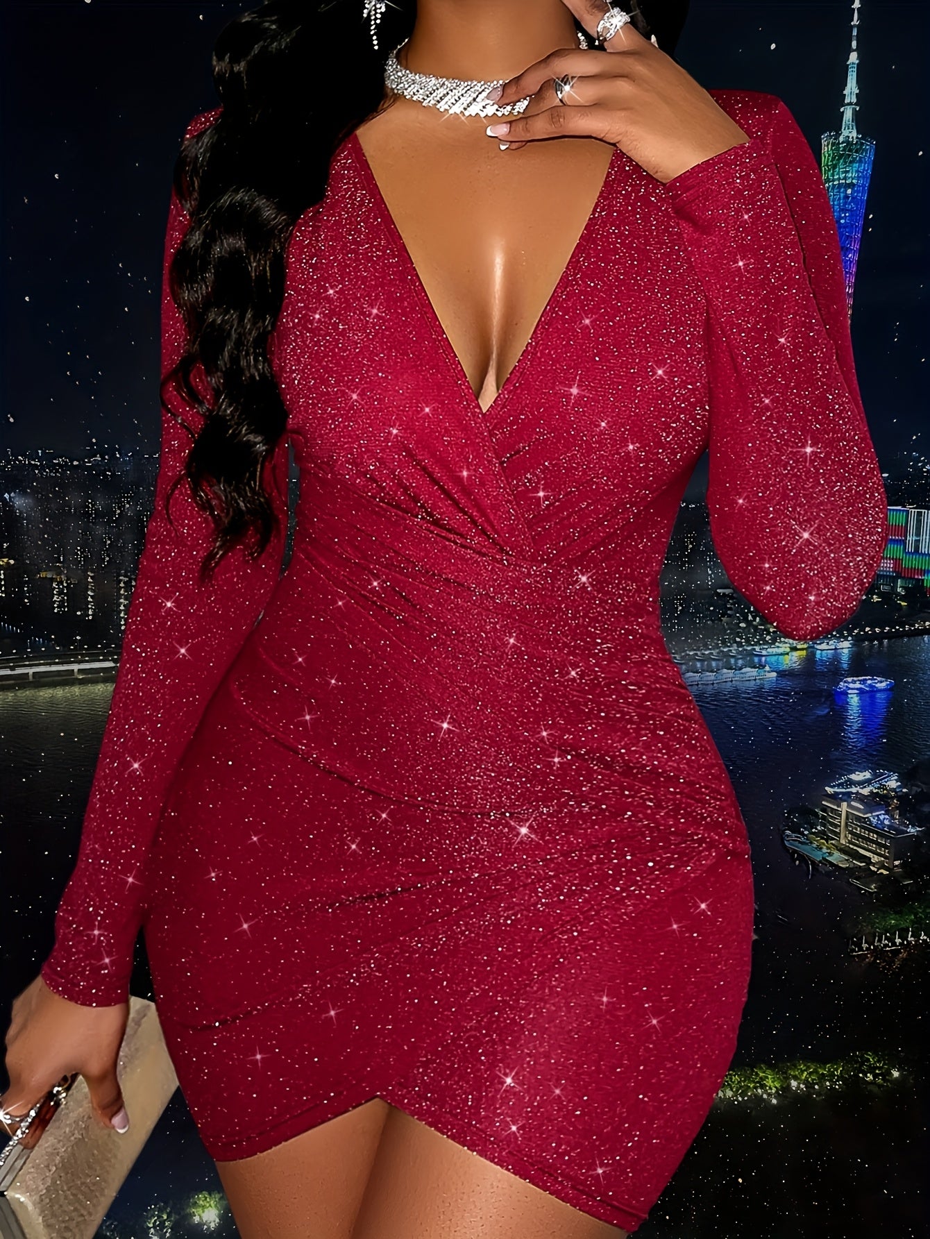 Sexy Hollowed-out Collar Pleated Glitter Detail Mini Dress for Women Suitable for Dates and Parties