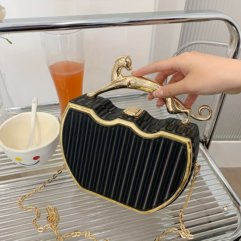 Stylish White Clip-On Bag with Golden Chain Strap - Elegant Kiss Lock Design, Detachable Shoulder Strap, Perfect for Everyday Use