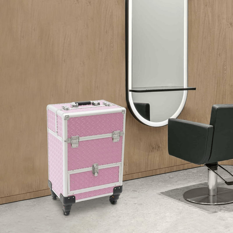 1pc Rolling Oversized Makeup Case with 4 Built-In Trays And a Handle for Easy Movement. It Is an Exclusive Wheeled Storage Tool for Nail Technicians, Artists, Beauticians, And Stylists
