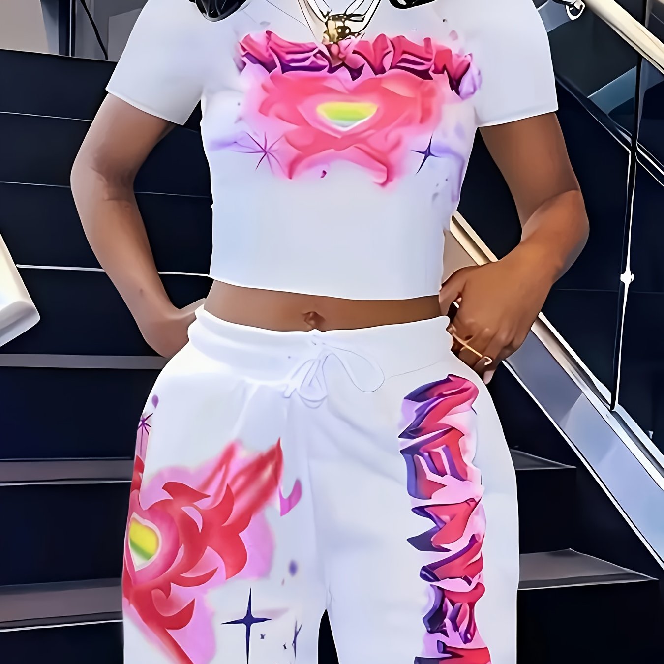 Patterned Women's Heart and Letter Print Short Sleeve Top and Waist Shorts Two-Piece Set