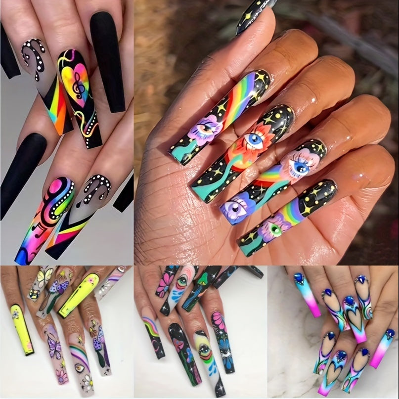 120pcs Acrylic Press On Nails Long Coffin Fake Nails with Nails Glue Long Ballet False Nails with Water Ripple Rainbow Designs Colorful Full Cover Artificial Nails Press Ons Stick On Nails 24pcs