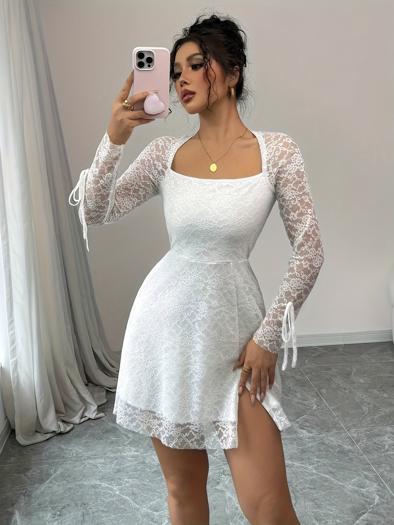 Elegant White Lace A-Line Dress with Long Sleeves - Perfect for Weddings, Parties, and Formal Events, Formal Attire|Elegant Aline Dress|Lace Fabric