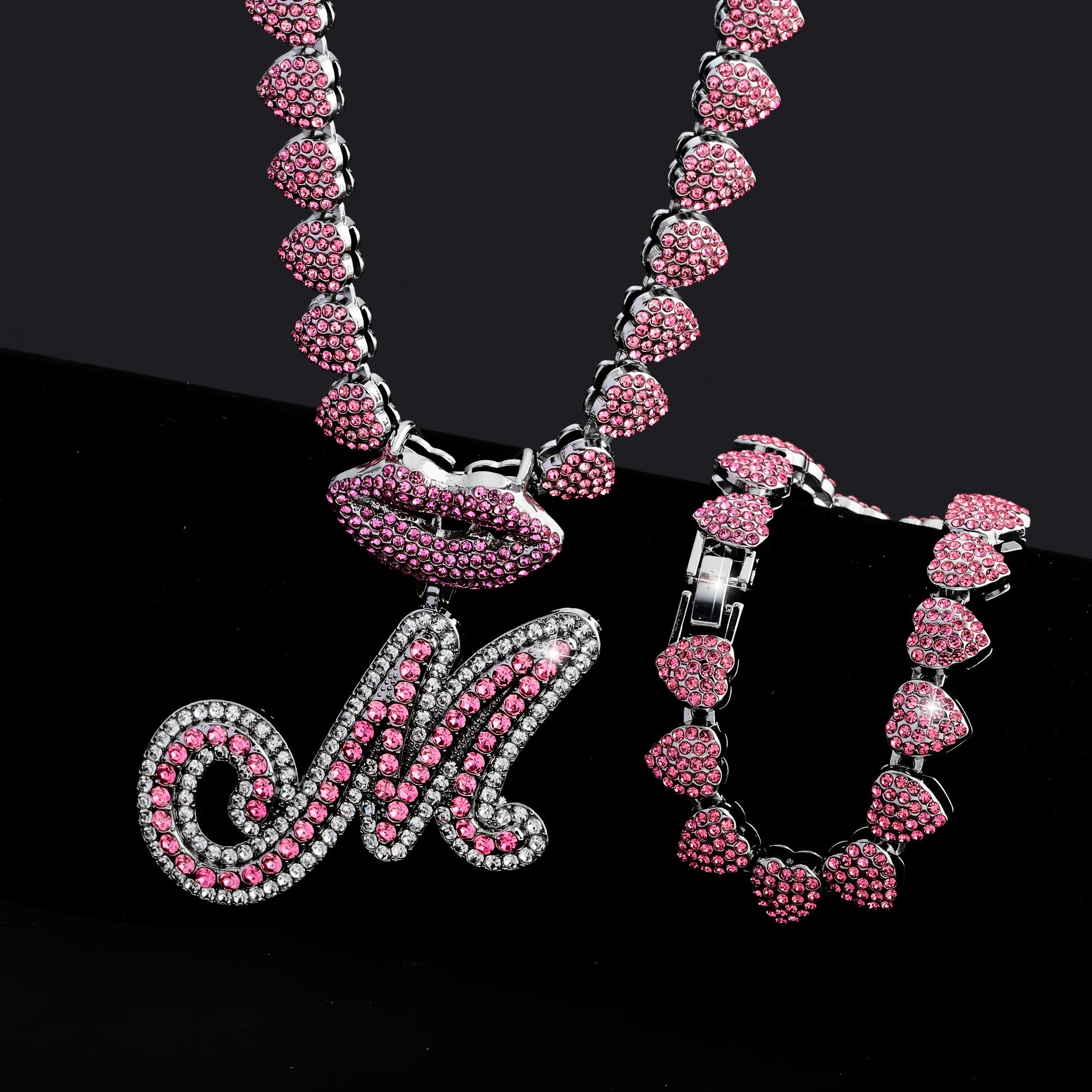 Hip Hop Y2K Style Pink Sexy Lips Pendant Necklace and Bracelet Set, A-Z Initials, Rhinestone Inlay, Zinc Alloy, Perfect for Daily Wear or Parties, Ideal Valentine's Day Gift for Men and Women, Hip Hop Jewelry