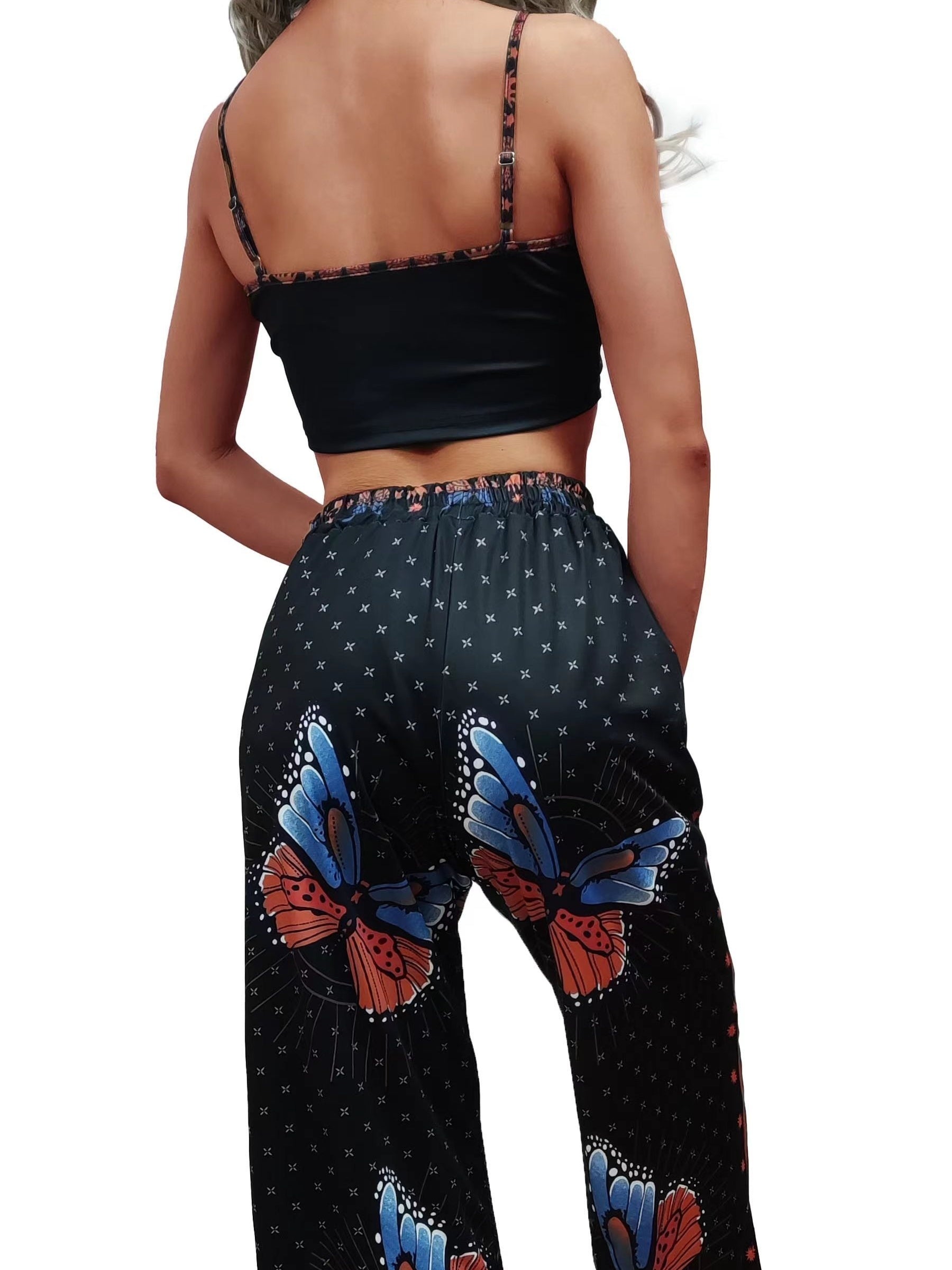 Sexy Butterfly Print Two-piece Set, Backless Crop Halter Top & Wide Leg Pants Outfits, Women's Clothing