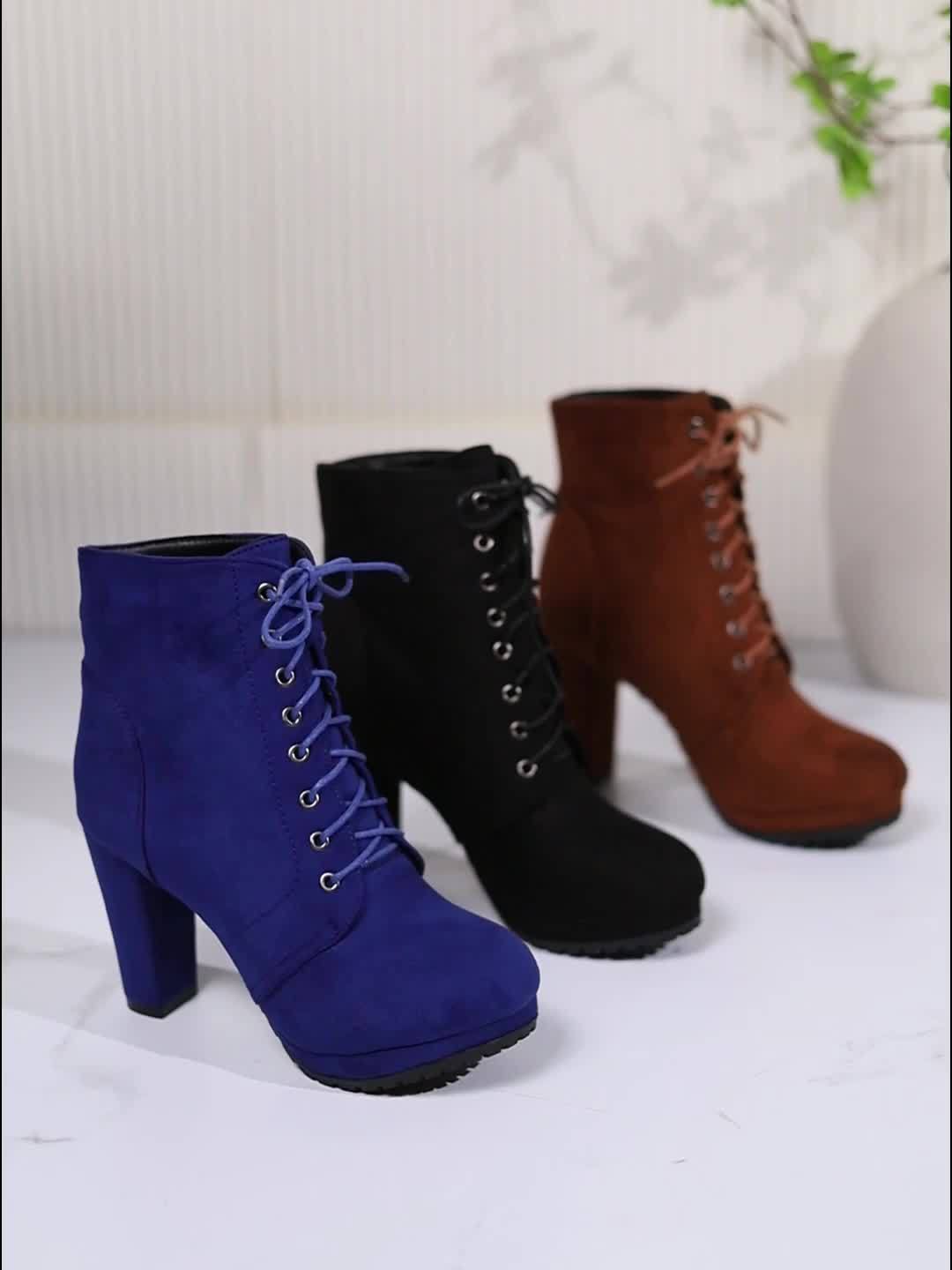Women'S 2023 Combat Boots - Solid Color Lace-Up, Chunky Heel, Platform, Slim Fit, Round Toe, Fabric Upper, Rubber Sole, Comfortable All-Season Shoes.