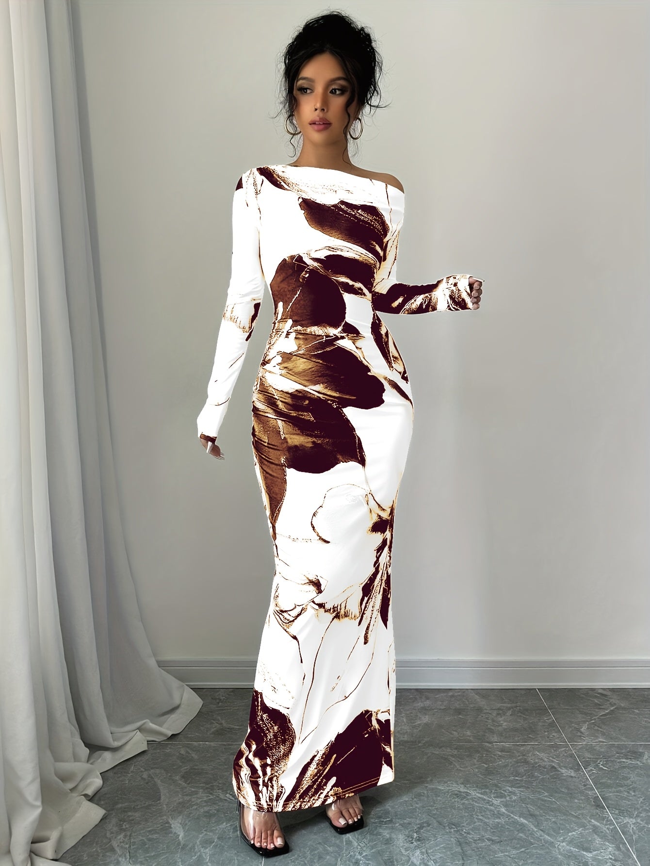 Elegant Off-Shoulder Floral Print Long Dress for Women - Slim Fit, Casual Yet Stylish, Polyester Fabric, Machine Washable, Black & White Floral Design, All-Season Wear, Occasion Dress | Offshoulder Gown | Glossy Texture
