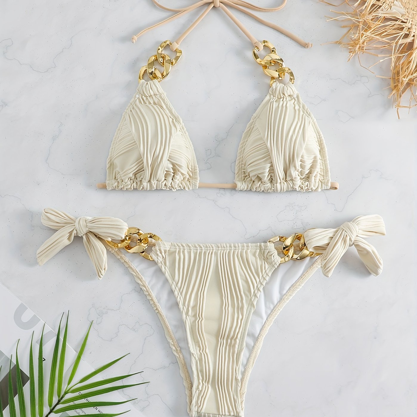 Stripes Ruched Texture Golden Chain Ring Link Halter 2 Piece Set Bikini, Bow Tie Side Triangle Halter Tie Neck Stretchy Swimsuit For Beach Pool Bathing, Women's Swimwear & Clothing
