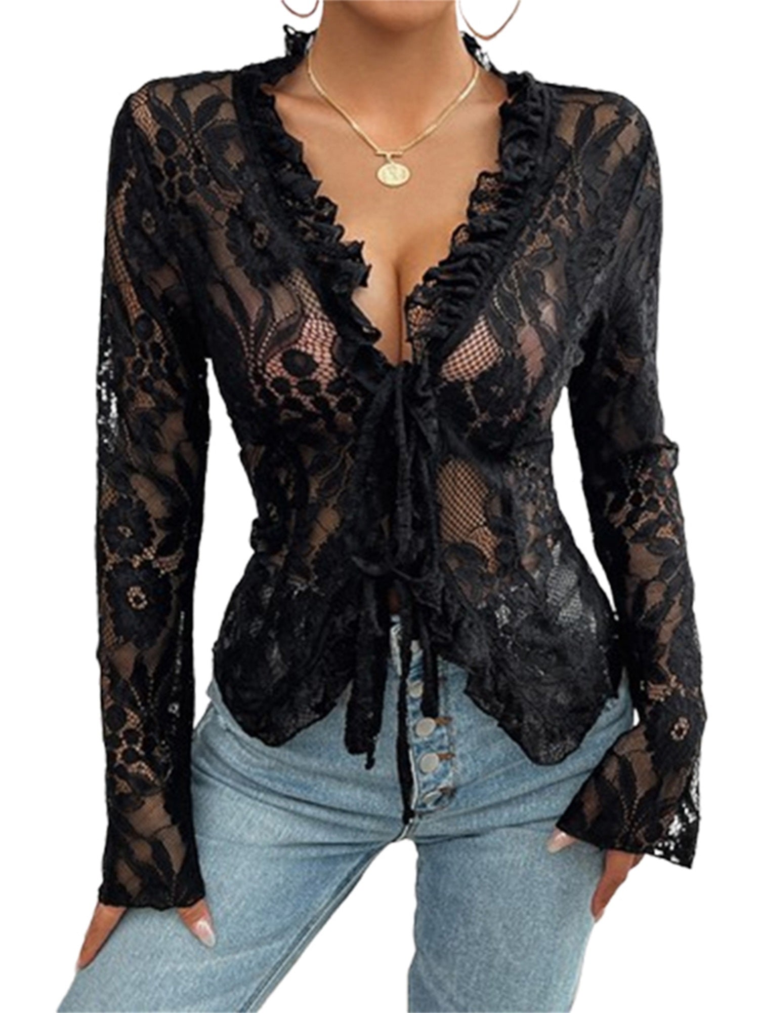Women's Sheer Blue Lace Tie-Front Blouse - Long Sleeve V-Neck Floral Top for Casual & Clubwear, High Stretch Polyester Fabric, Elegant Ruffled Detailing, Casual Clubwear | Floral Lace Design | Intricate Lace Texture