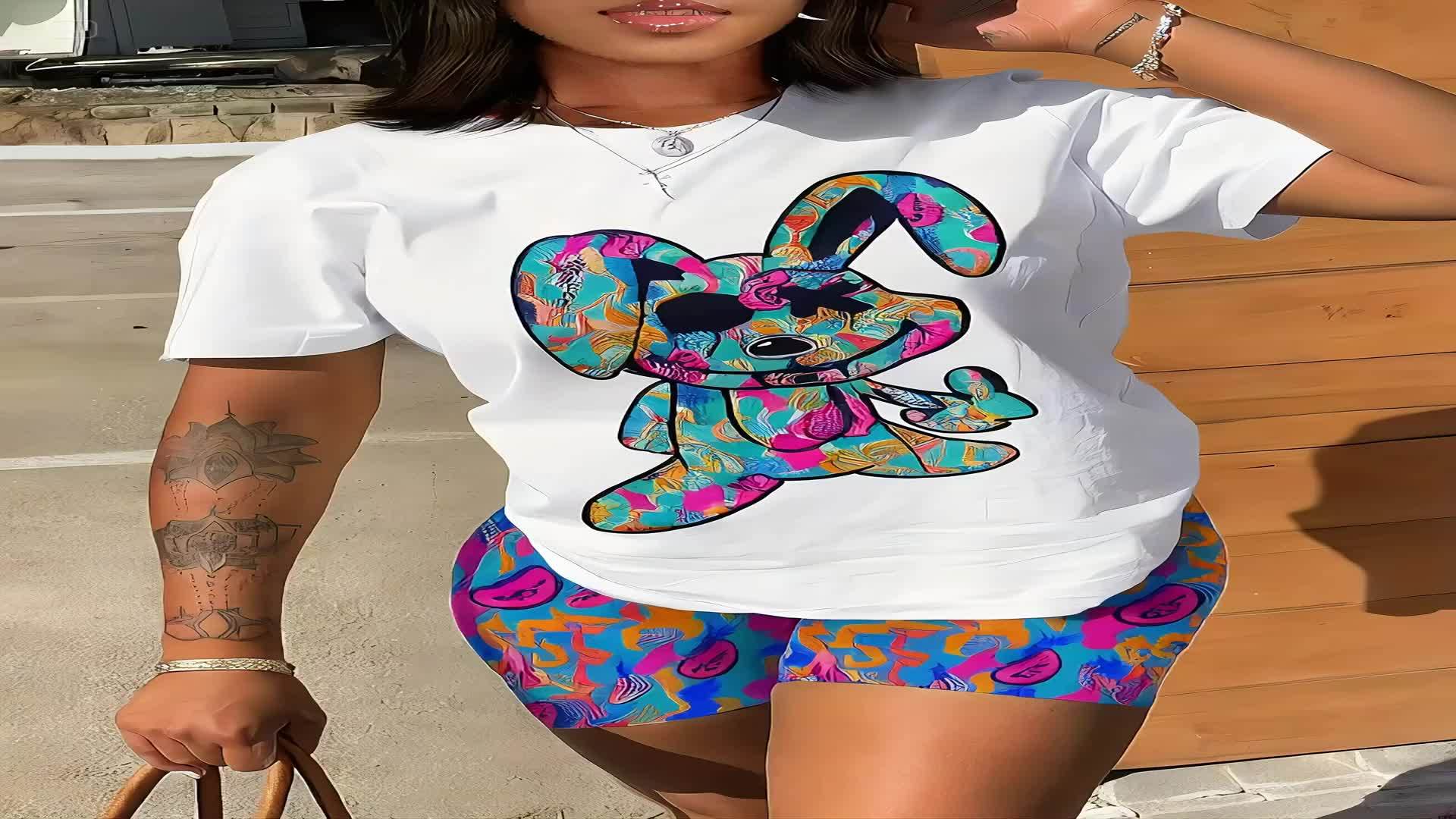 Rabbit Print Casual Shorts Set, Crew Neck Short Sleeve Top & Shorts Outfits For Spring & Summer, Women's Clothing