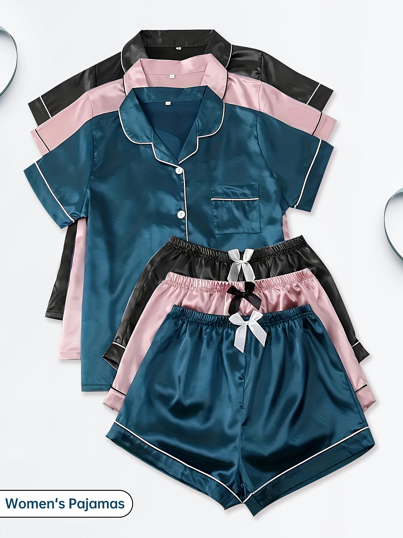 3-Piece Women's Satin Pajama Sets – Short Sleeve Lapel Top & Elastic Waist Shorts, Soft Loungewear Sleepwear Set