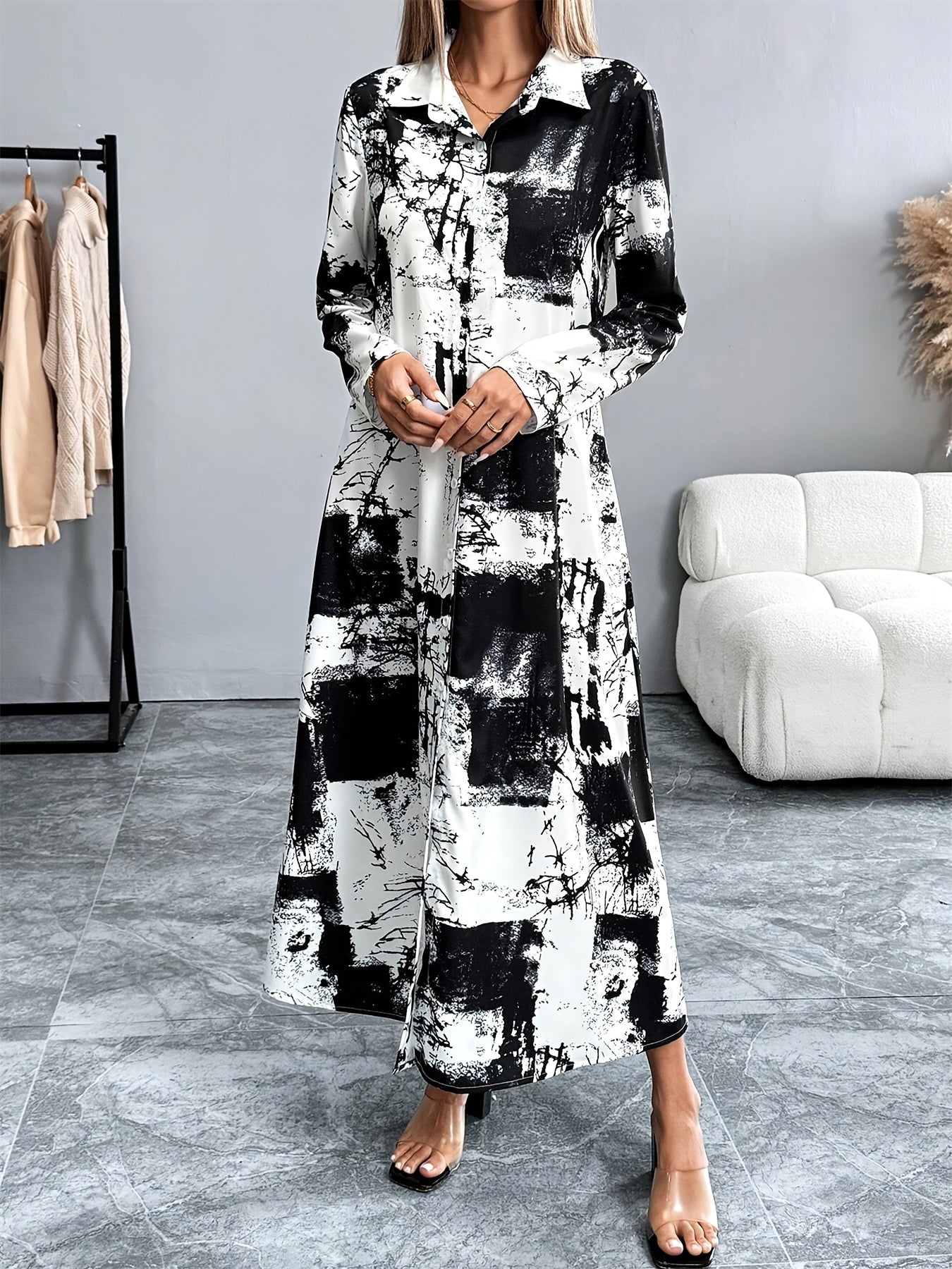 Elegant Tie-Dye Shirt Dress for Women - Casual Long Skirt with 3/4 Sleeves, Button Detail, Machine Washable - Perfect for Spring & Fall