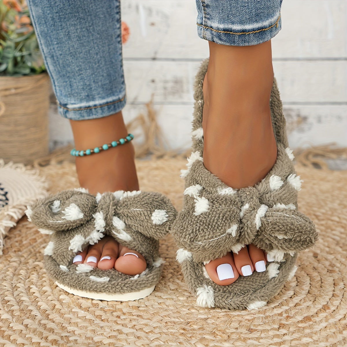 Women's Casual Polka Dot Pattern Slippers with Cute Bow, Comfortable Warm Plush Indoor House Shoes, Fabric Upper/Inner, EVA Sole, Hand Washable - Spring/Fall Season, House Slippers