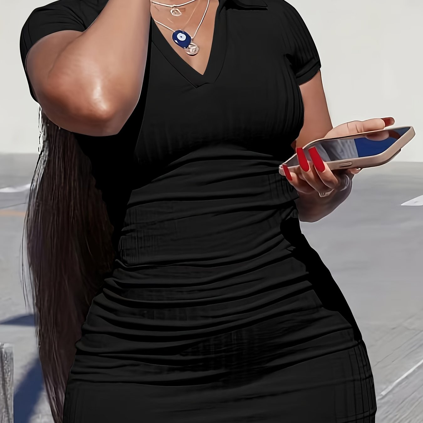 Women'S Black Ruched V-Neck Bodycon Dress - Casual Sleeveless A-Line Mini Dress with Side Slit, Elegant and Comfortable for Casual Attire, Casual Attire Dress | Ruched Detailing | Bodycon Silhouette