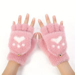 Cozy Cat Paw Convertible Mittens for Women - Soft, Warm Fingerless Gloves with Flip-Top Design | Cute Aesthetic White Furry Winter Accessory, Machine Washable