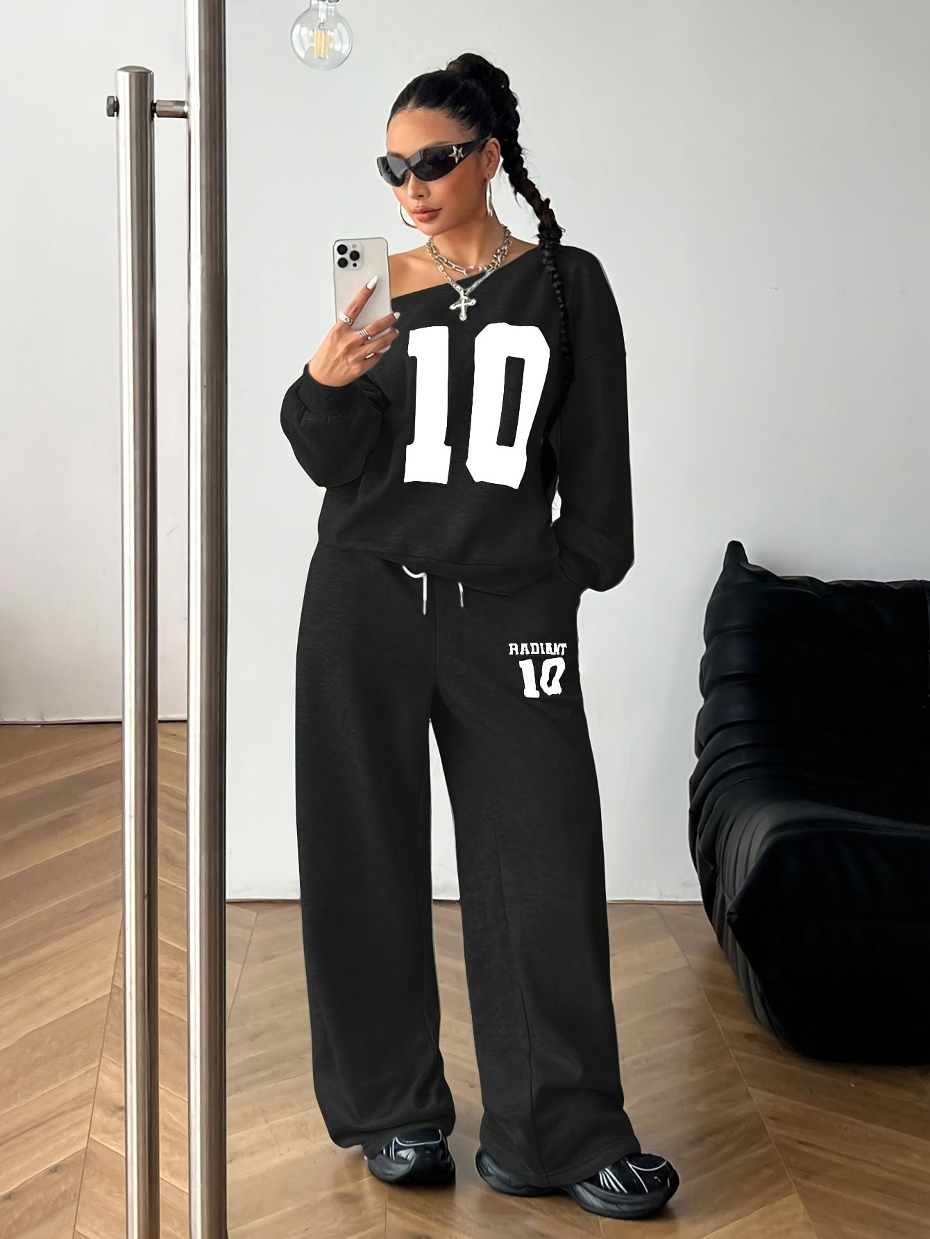 Digital Print Warm Asymmetric Collar Long Sleeve Sweatshirt and White Elastic Waist Wide Leg Jogging Pants
