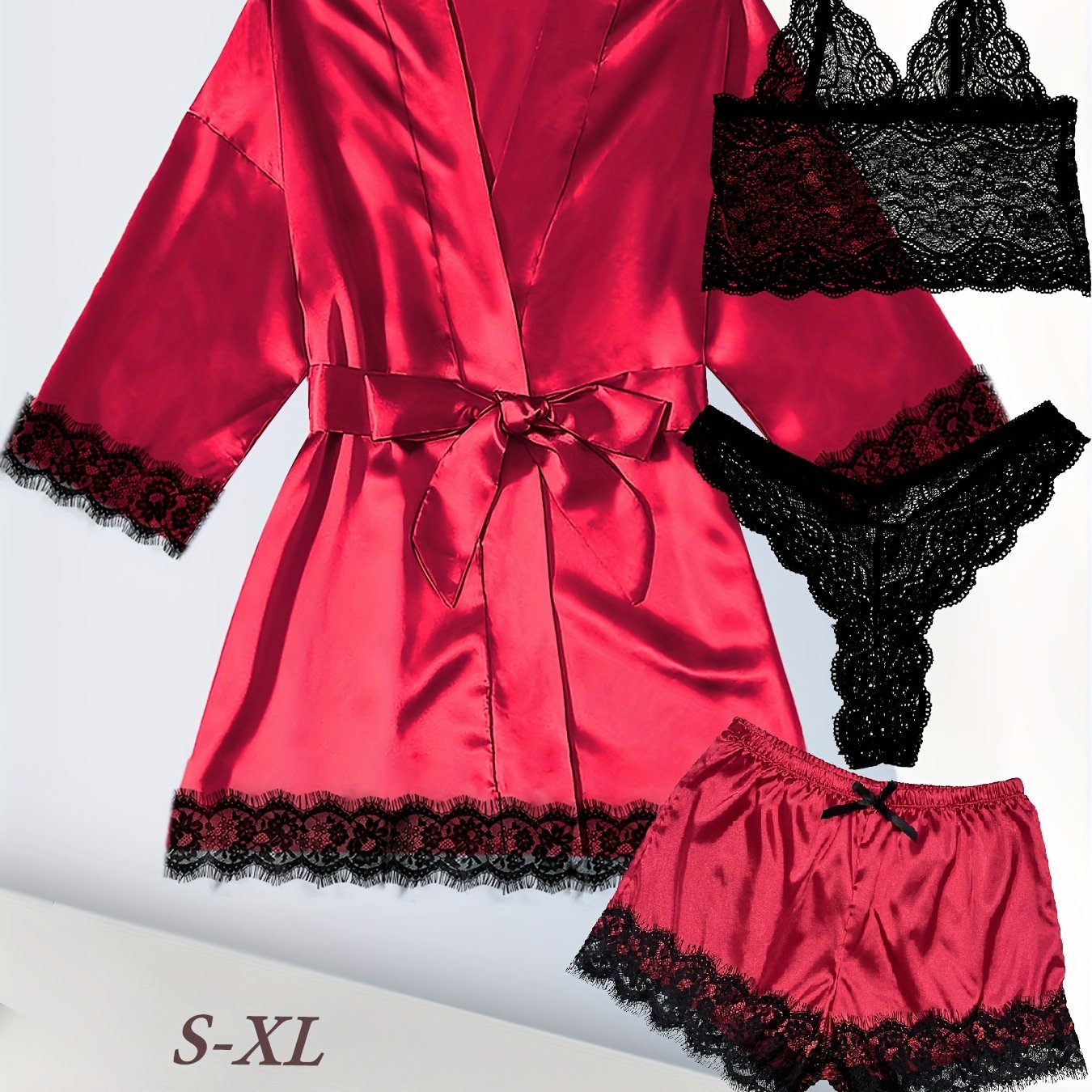 Women's Plus Sexy Lounge Set - Plus Size Satin Contrast Eyelash Lace Belted Nightgown & Camisole & Panty & Shorts With Free Eye Mask - For Women - Perfect for Lounging & Sleepwear - Ideal Gift for Her
