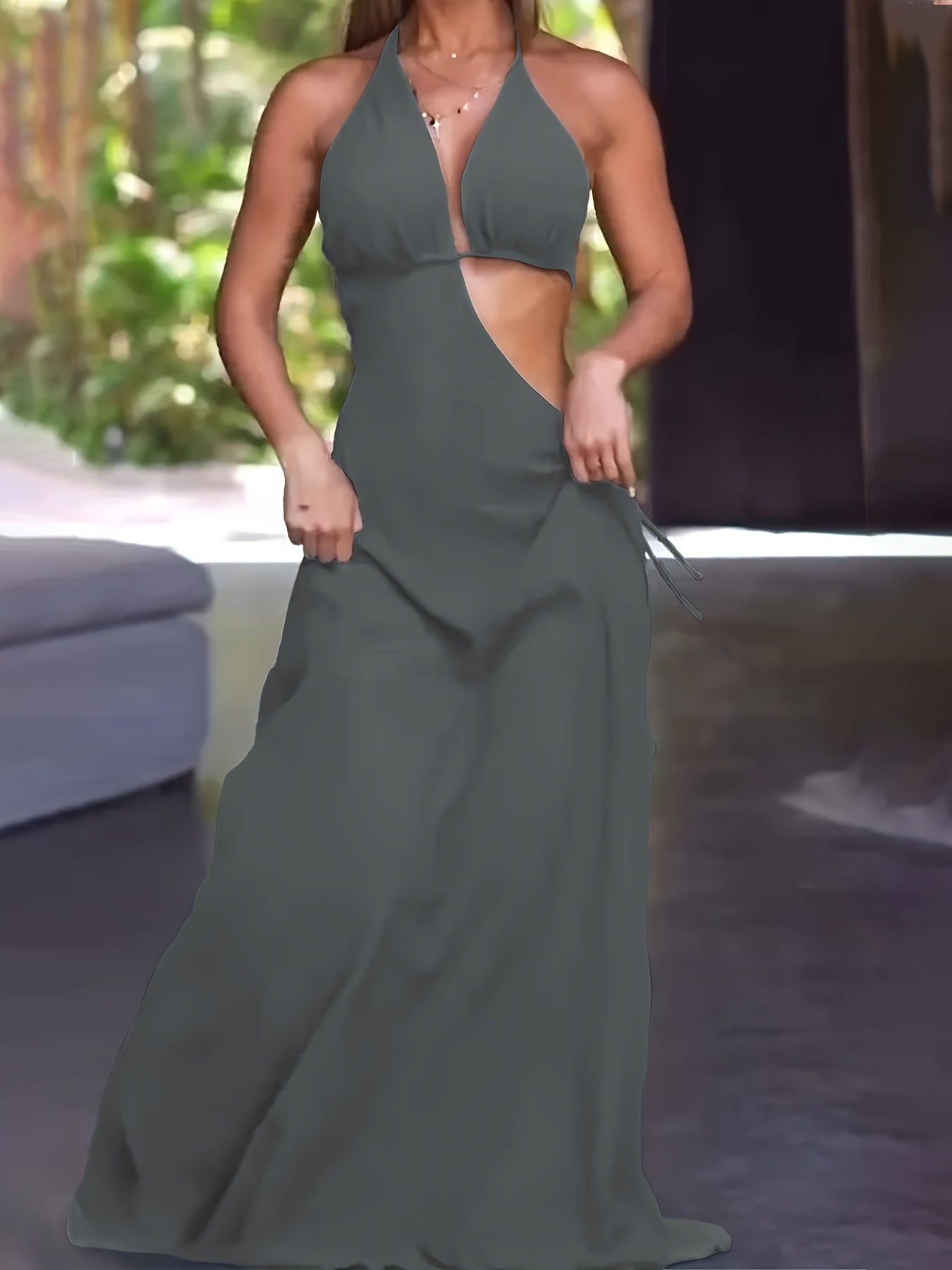 Women's Sexy Halter Neck Backless Evening Dress - Form-Fitting Top & Flowy Skirt, Solid Color, Machine Washable, All-Season Party & Formal Wear, Medium Elasticity Fabric