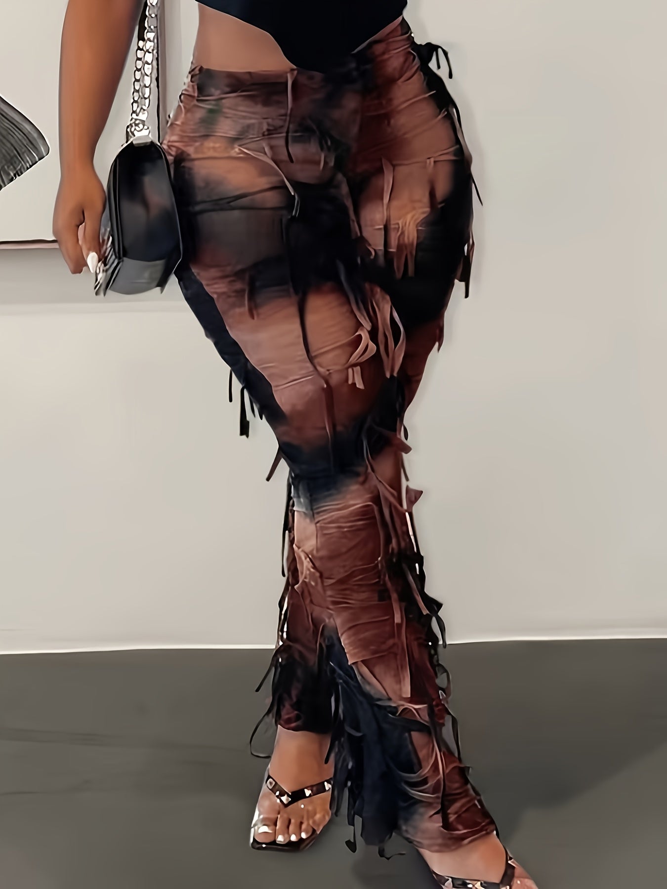 Sexy Tie-Dye Tassel Flare Leg Pants for Women, High Waist Slim Fit Knit Polyamide Spandex Blend, Elastic Waist All-Season Long Pants with Belt Loop, 250g/m² Fabric Weight