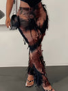 Sexy Tie-Dye Tassel Flare Leg Pants for Women, High Waist Slim Fit Knit Polyamide Spandex Blend, Elastic Waist All-Season Long Pants with Belt Loop, 250g/m² Fabric Weight