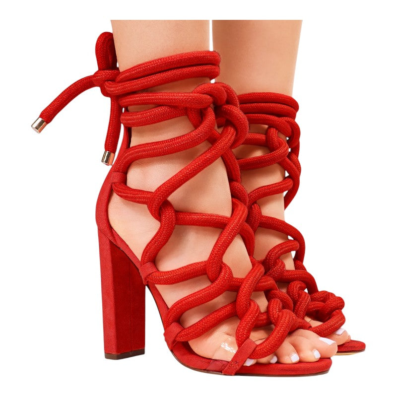 Women Chunky Heel Rope Lace Up High Heel Sandals