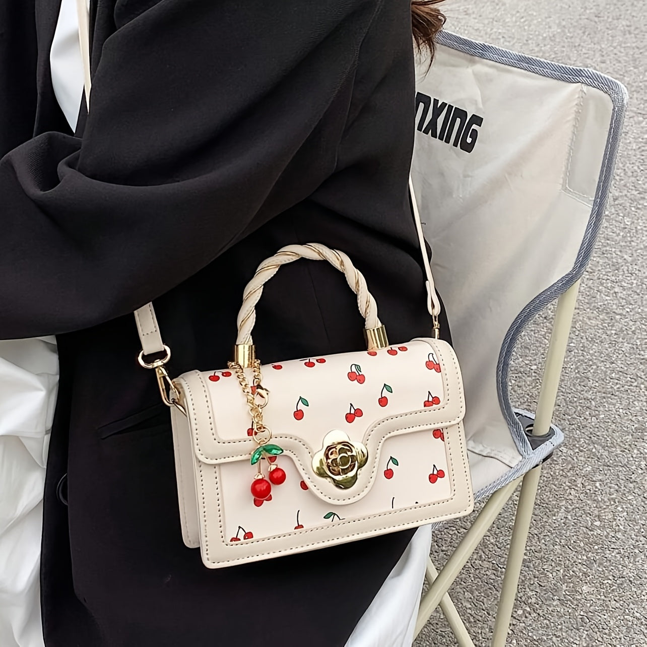 Fashionable High-End PU Tote Bag with Versatile Square Shape and Cute Cherry Print, Perfect for Shopping, Dating Or Cross-Body for Girls., Kawaii Cherry Elements