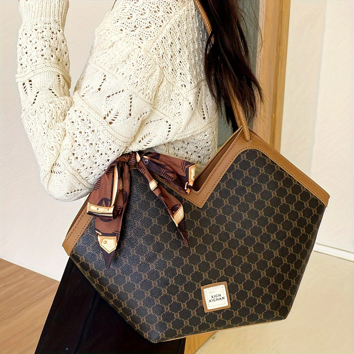 Timeless Chic - Niche Shoulder Bag with Fashion-Forward Scarf Accent - Versatile Classic Pattern Design for Womens Everyday Style