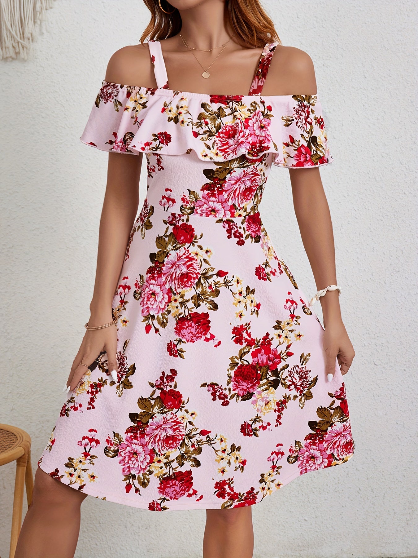 Elegant Floral Print Dress for Women with Ruffle Detail - Off-Shoulder, A-Line, Mid-Stretch Polyester & Spandex Blend, Machine Washable - Perfect for Summer