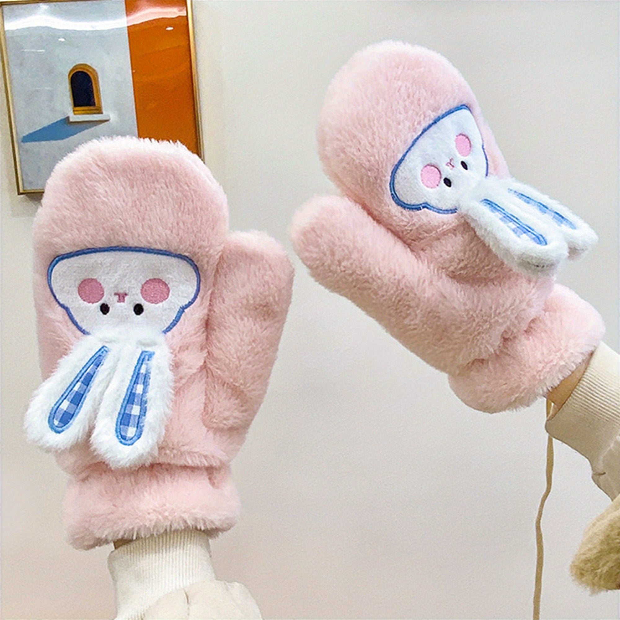 Women's Winter Mittens | Cute Rabbit Design Fleece Gloves | Pink Cotton Blend with Bunny Ears and Face | Plush Warmth for Cold Weather | Non-Stretch, Hand Washable | Cozy Outdoor Accessory