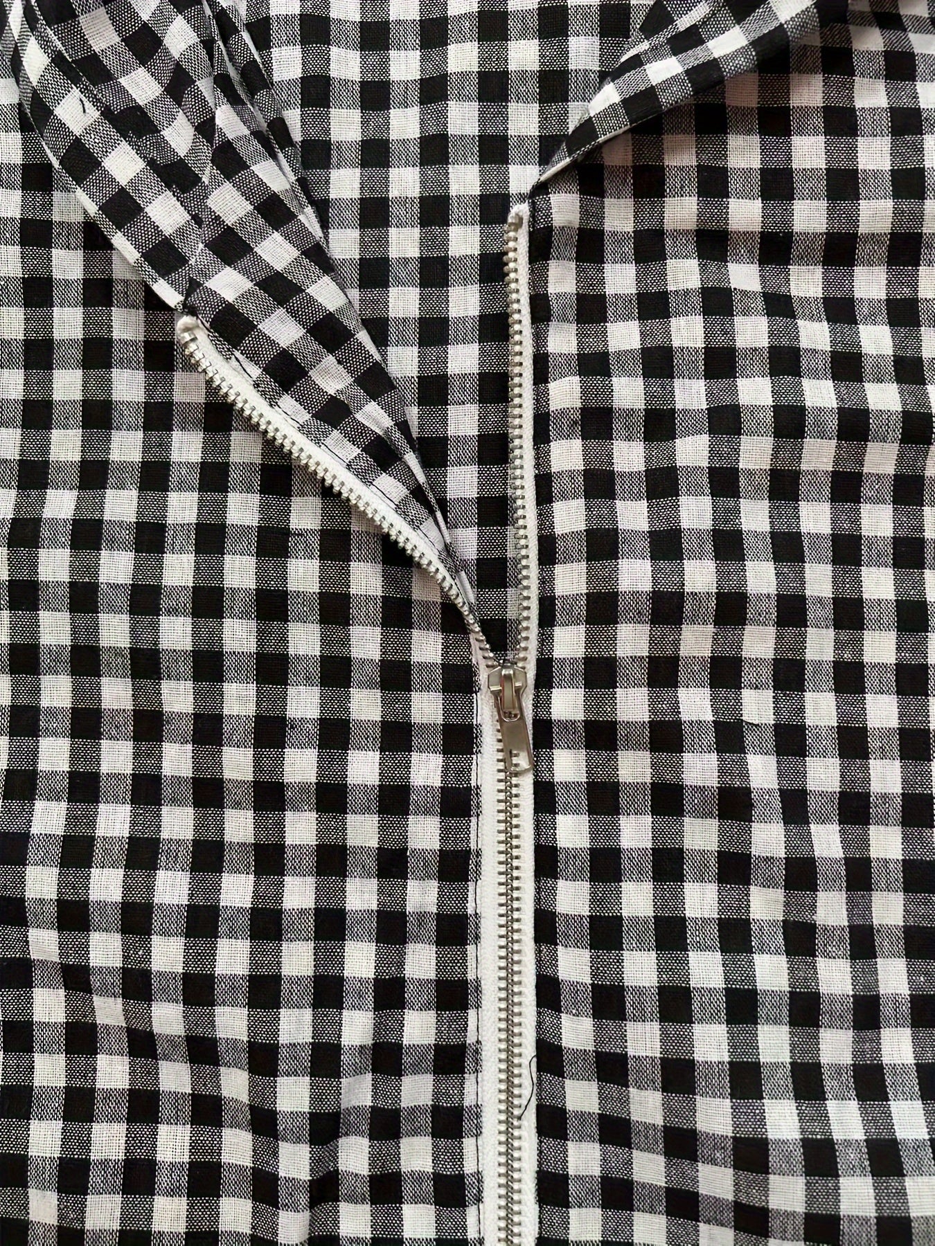 Women'S Casual Gingham Pantsuit with Lapel Collar and Zipper Details, 100% Polyester Woven Fabric, for Fall/Winter