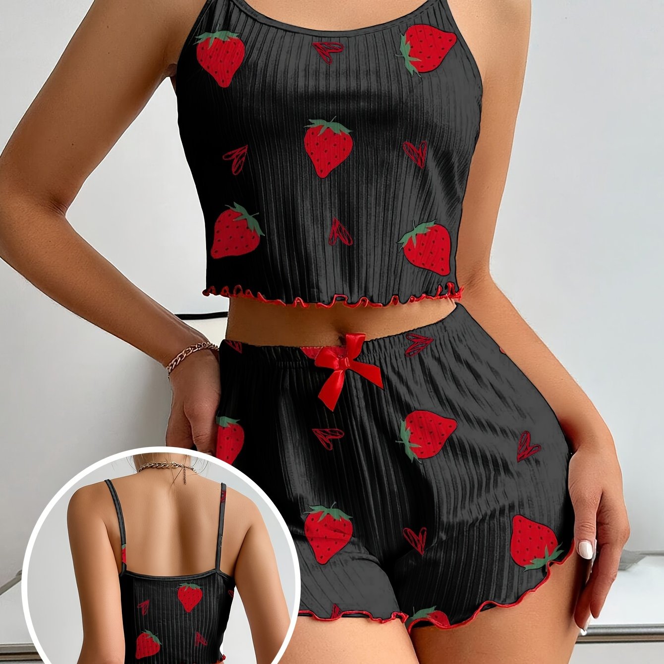 Women's Strawberry Print Sexy Ribbed Frill Trim Pajama Set, Round Neck Backless Crop Cami Top & Shorts, Comfortable Relaxed Fit, Summer Nightwear