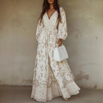 Casual Western-style AutumnWinter Long-Sleeve Printed Lace-Trimmed Dress