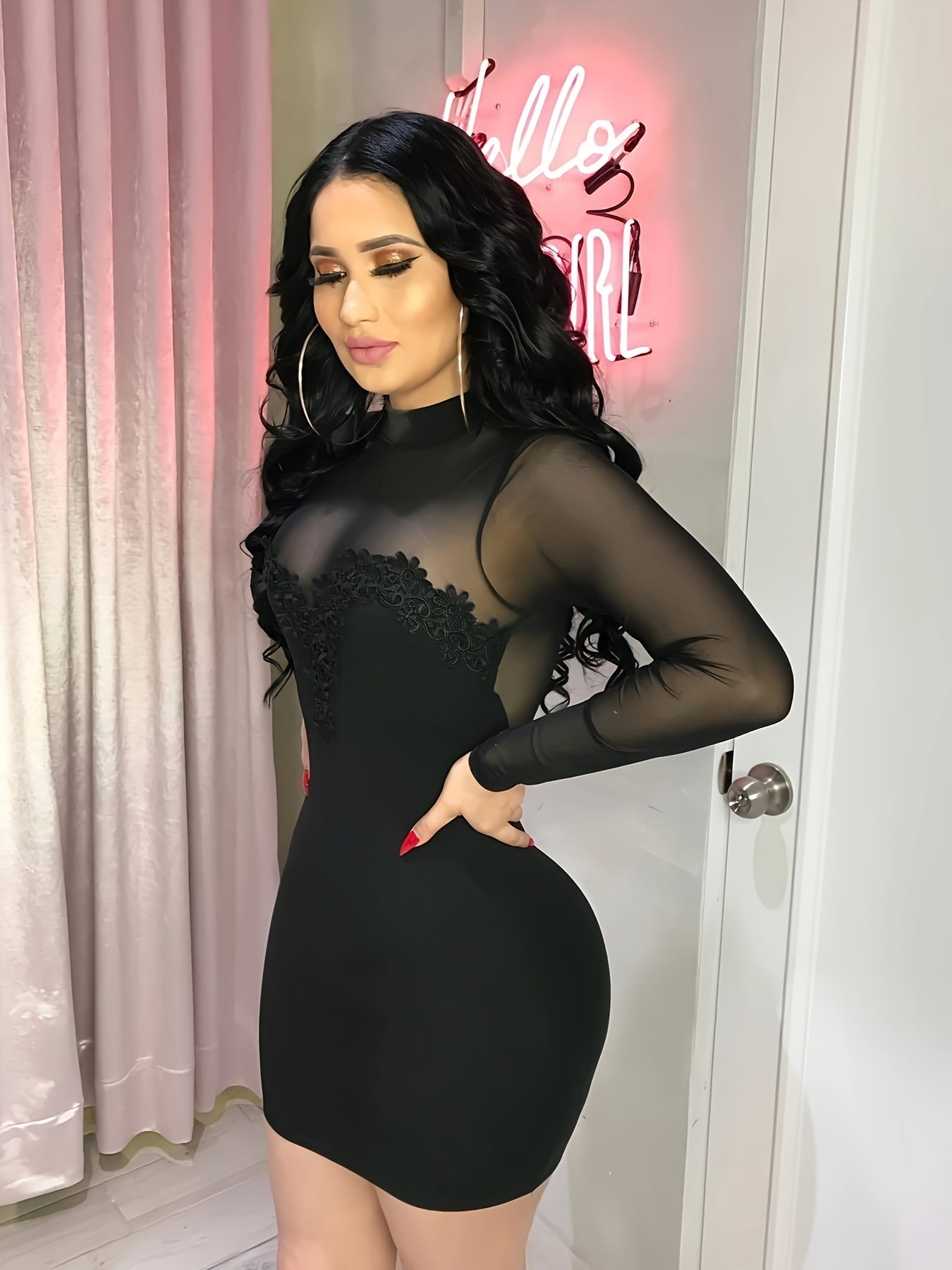 Sultry Bodycon Mesh Dress - Women's Sexy Party Dresses with Long Sleeves, Mock Neck, and Splicing Details - Perfect for Club Nights and Special Occasions