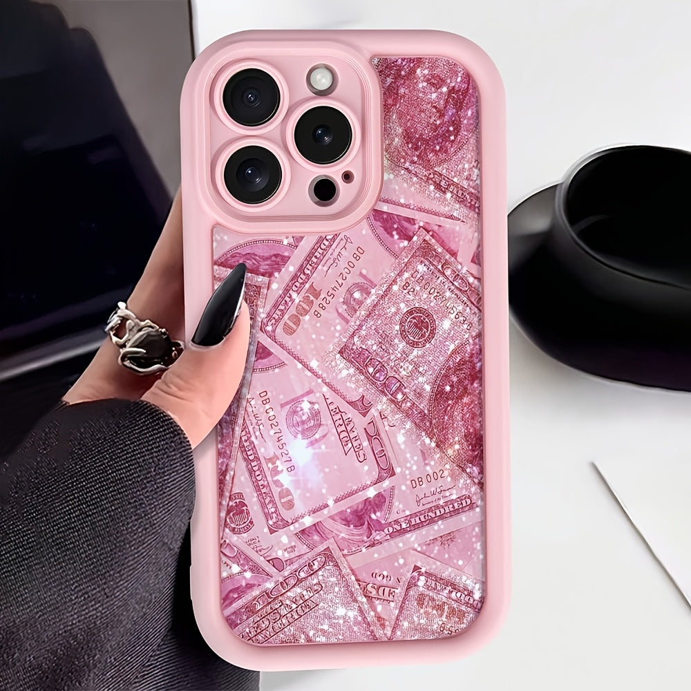 A Shockproof Full Coverage Protective Case Featuring a High Bamboo Pink Rose And Golden Dollar Design, Compatible with Apple Iphone Models 6 Through 16 Pro Max.
