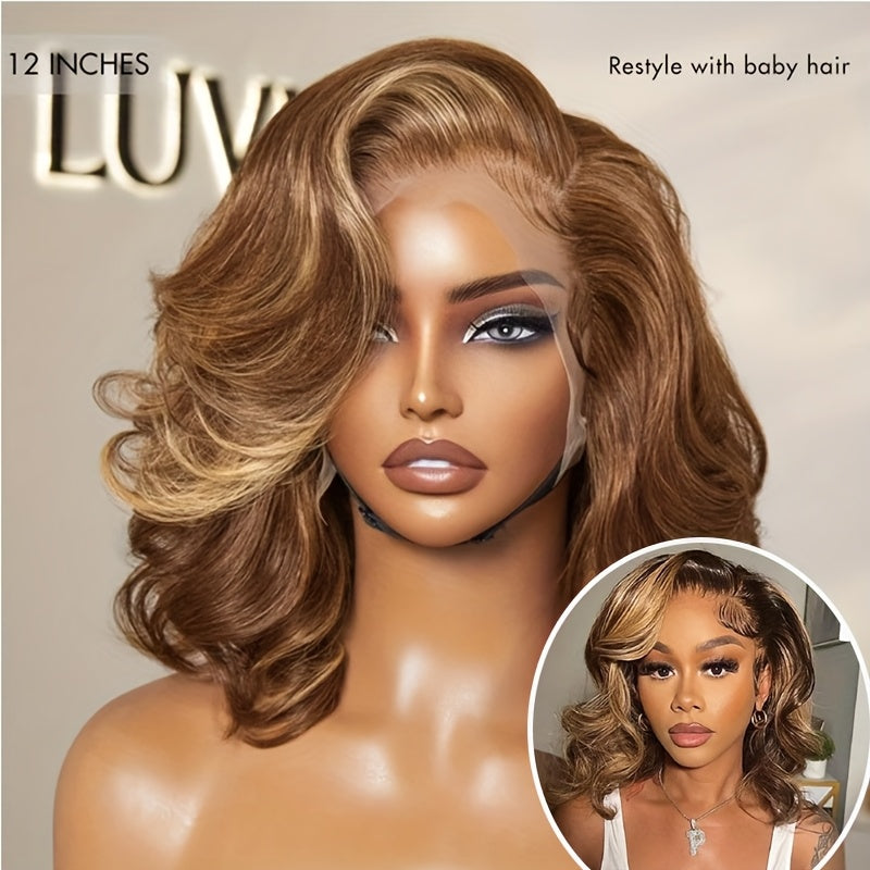 12" Highlight Brown & Honey Blonde Ombre Body Wave Bob Wig - 13x4 HD Invisible Lace Front, Pre-Plucked Human Hair with Bleached Knots for Women, #4/27 Ombre Colored Short Bob Wig, Elegant Style, 200% Density, Natural Look for