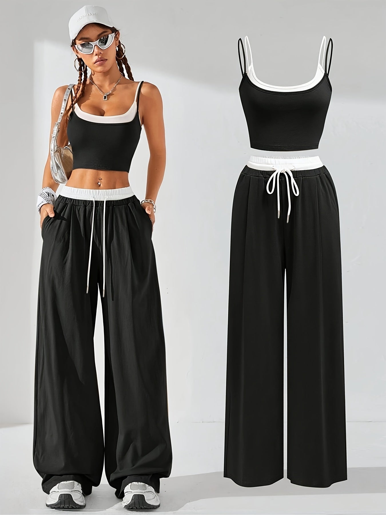 Chic Spring/Summer Two-in-one Contrast Color Cami Top with Color Block Wide-Leg Pants for Women - Polyester, Drawstring, Elegant Urban Style