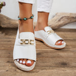 Women'S Chunky Sole Platform Sandals - White Slip-On with Golden Buckle, Flat Heel, Open Toe Design, PU Sole, Synthetic Insole & Upper, Casual Footwear|Chunky Sole Sandals|Durable Footwear