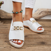 Women'S Chunky Sole Platform Sandals - White Slip-On with Golden Buckle, Flat Heel, Open Toe Design, PU Sole, Synthetic Insole & Upper, Casual Footwear|Chunky Sole Sandals|Durable Footwear