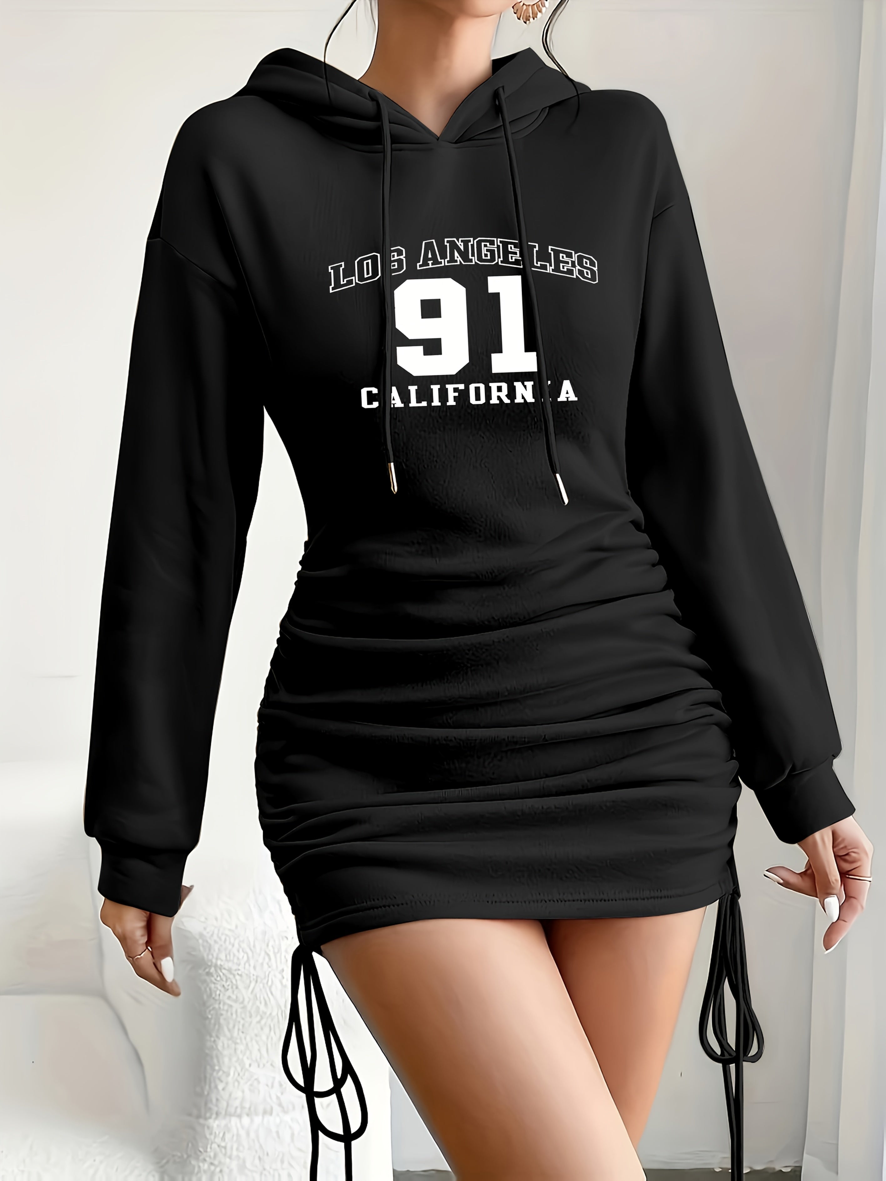 Palm Tree Letter Hooded Bodycon Dress - Drawstring Waist, Mid-Elastic Polyester, Casual Fall & Winter Wear, Alphabets Pattern, Positioning Printing, Knit Fabric - Womens Fashionable Clothing for Adults