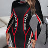Women's High-Neck Long Sleeve Bodycon Dress - Black with Red & White Letter Print, Stretchy Polyester & Elastane Blend, Form-Fitting Design for Spring/Fall