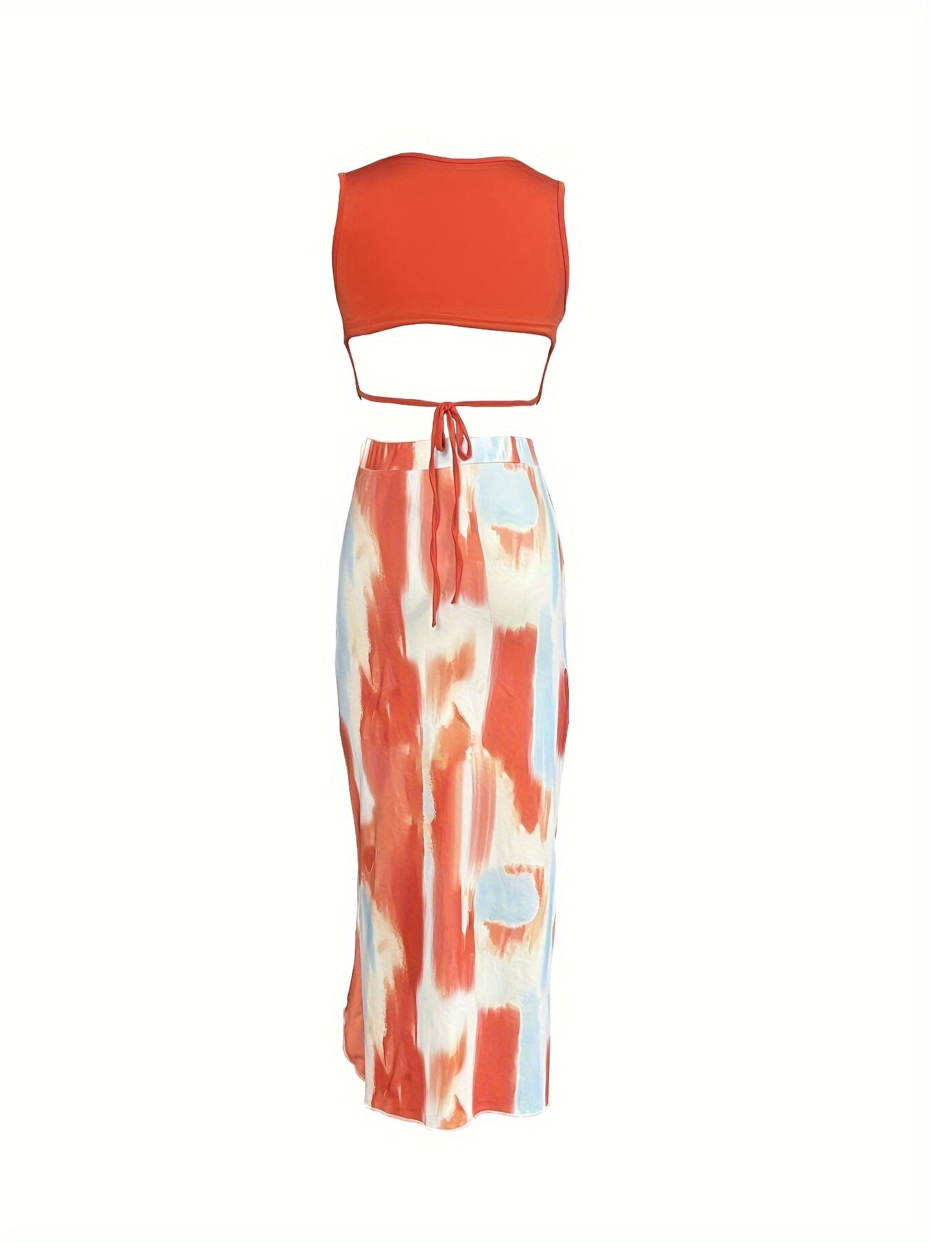 Elegant Floral Print Two-Piece Set for Women - Crop Tank Top & High Slit Skirt with Drawstring Detail, Polyester, Machine Washable - Perfect for Spring/Summer, Short, Print