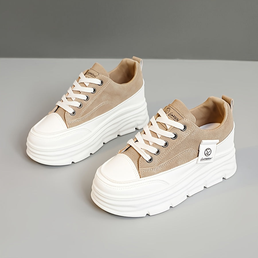 Women's Casual Low-Top Running Shoes - Versatile White & Brown Design, Lace-Up, Comfortable EVA Insole, Durable PVC Sole, Perfect for Casual Attire, Students, and Office Use, Student Sneakers | Modern Sneakers | Synthetic Cov