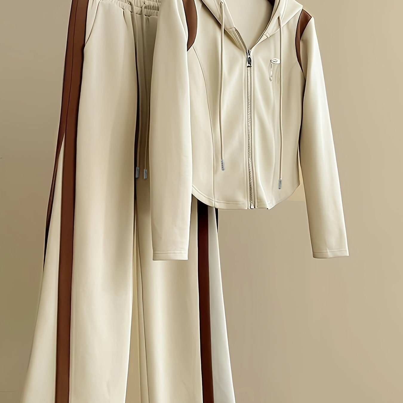 Women'S 2pcs Casual Sportswear Set, Fall 2025 Collection, Solid Color, Contrast Patchwork, Hooded Zip-Up Cardigan, Long Sleeve, Knit Fabric, Polyester 95%, Elastane 5%, Lightweight, 200g/m², Spring/Fall Collection