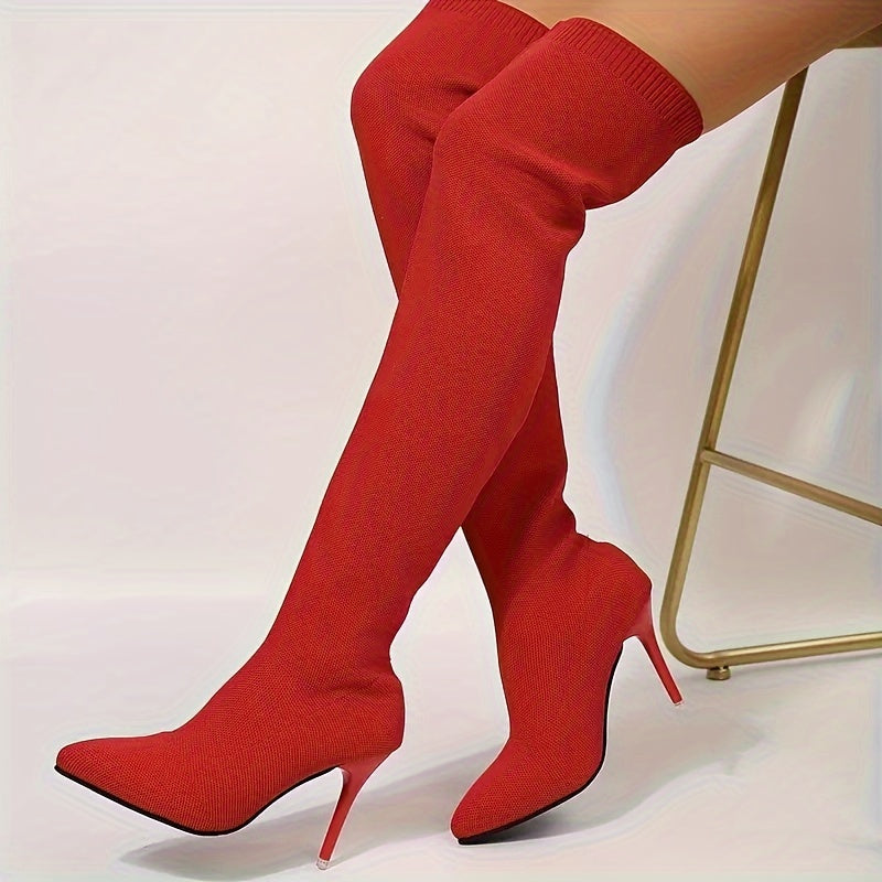 Ladies' Over-the-Knee High Heel Booties - Casual Style, Hand Washable, No Dry Clean, Pure Color, Suitable for All Seasons, Easy Slip-On, Pointed Toe, Thin High Heel, Fabric Upper, Fabric Lining, Rubber Sole, Fabric Insole, Ra
